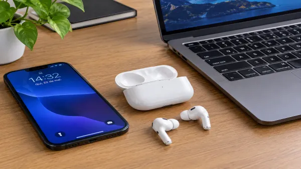 Fone de ouvido sem fio com o estojo aberto ao lado de um celular e de um notebook sobre uma mesa
