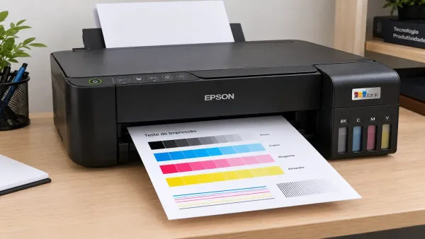 Impressora Epson EcoTank sobre uma mesa imprimindo uma folha de teste com blocos de cores preta, ciano, magenta e amarela